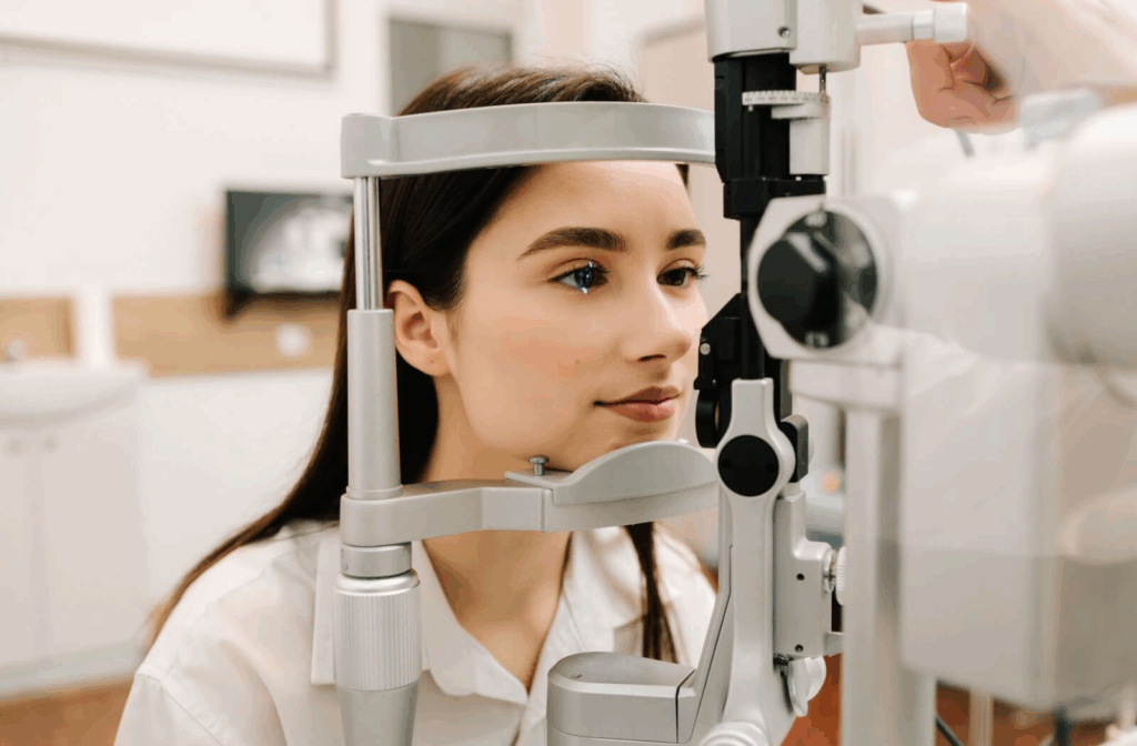 Young adult at an eye exam, resting face on a rack-like device that shines a light into one pupil.