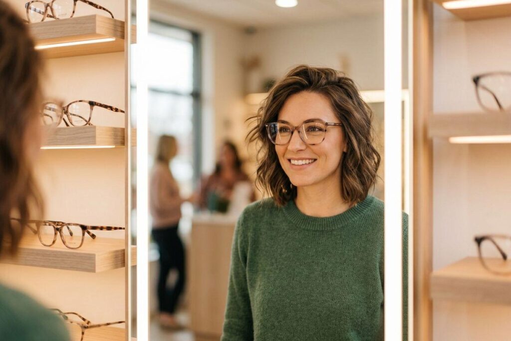 A smiling adult wearing glasses looks at their reflection in a mirror at an optical shop. Lit shelves display eyeglass frames nearby.