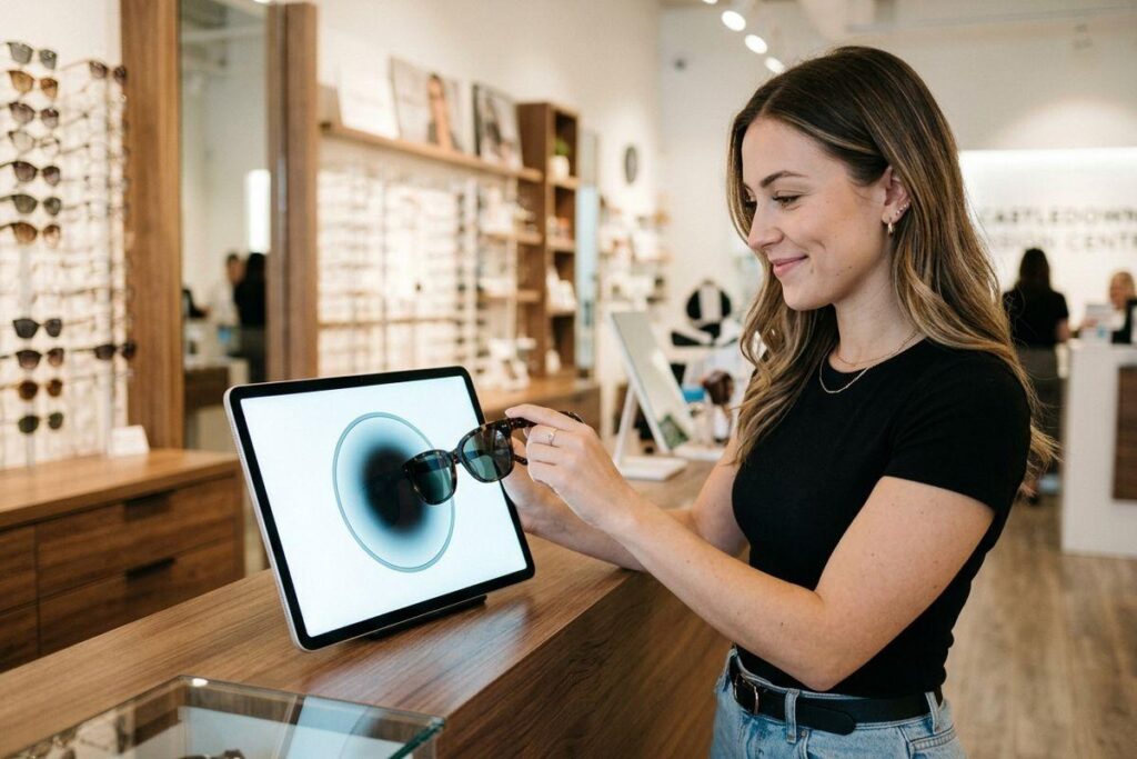 A smiling adult at a counter in an eyewear store holds sunglasses in front of a tablet screen displaying a circular pattern.