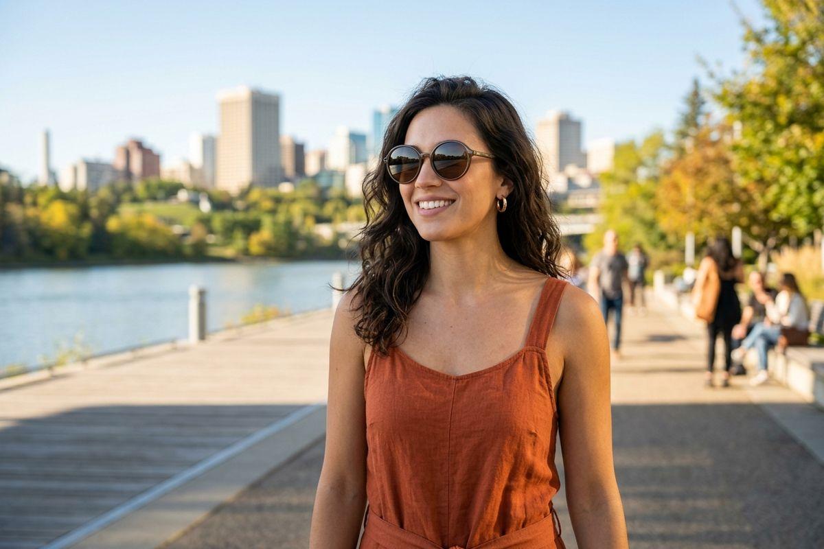 Smiling adult with long dark hair, sunglasses, and an orange outfit on a waterfront walkway with a city skyline in the background.