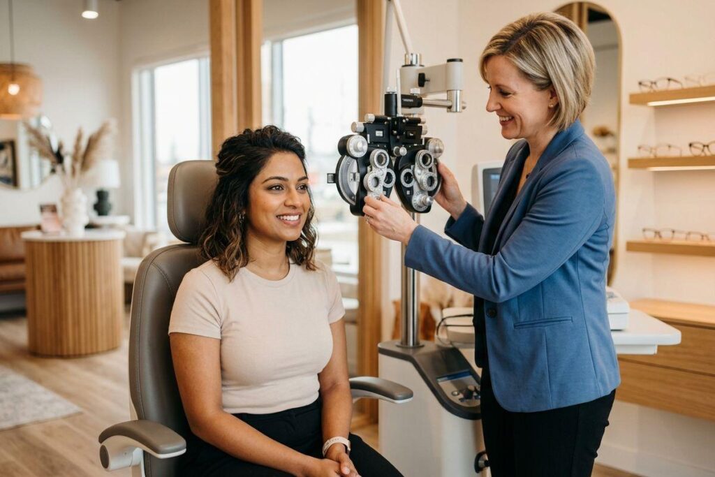 A smiling optometrist adjusts an eye exam machine next to a seated, smiling adult patient in a clinic.