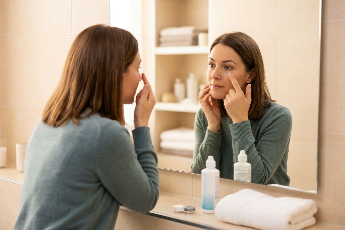 Focused adult looking in a bathroom mirror, holding a finger near their eye. A contact lens case and solution bottle are on the counter.