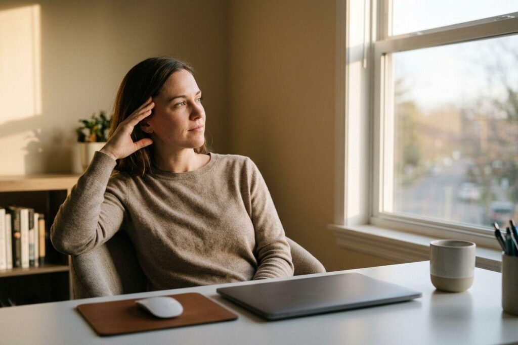 Adult sitting at a desk with a closed laptop, mouse and mug, hand at temple, gazing out a sunlit window.