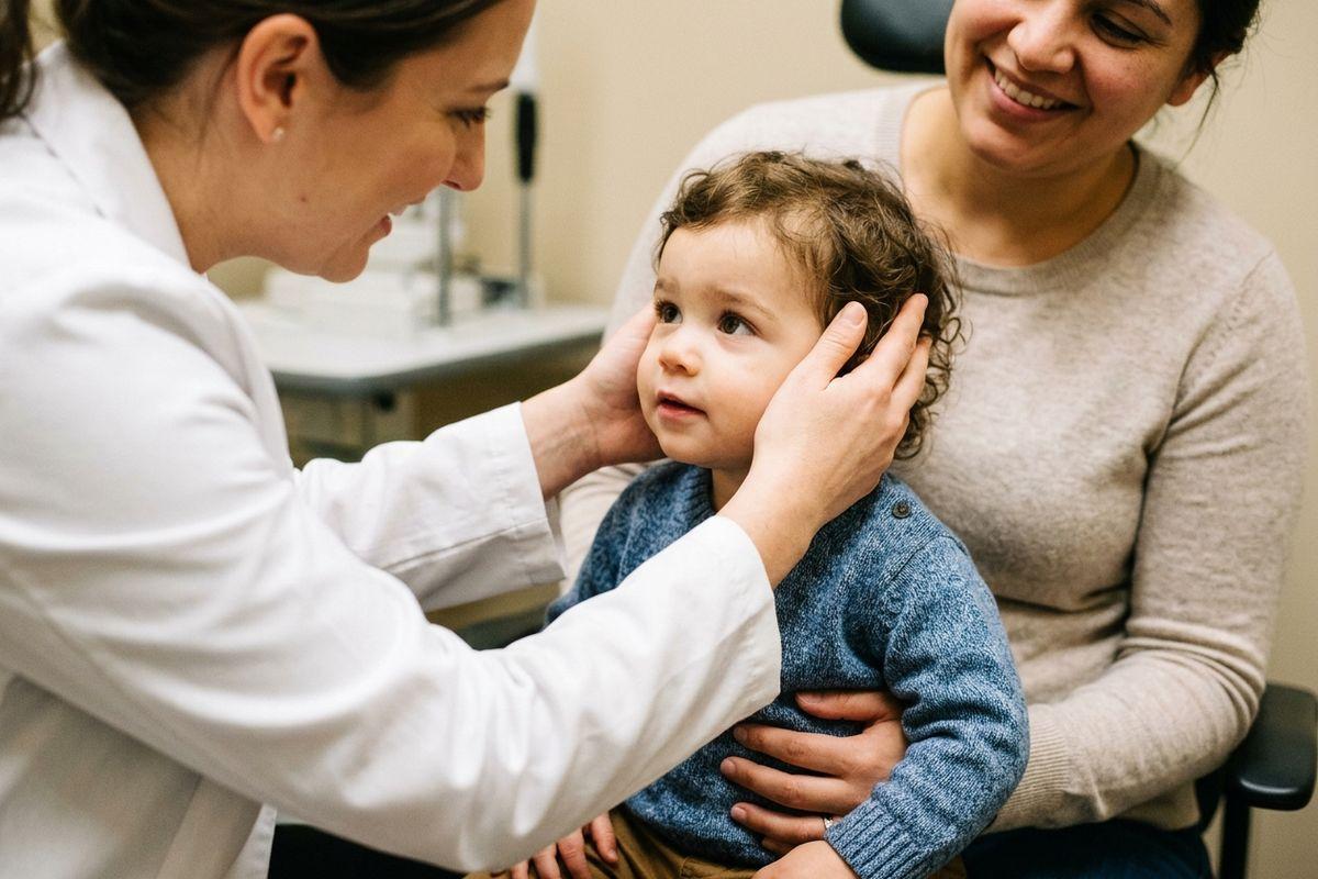 Doctor gently holds a toddler's head during an exam while the smiling adult holding the child on their lap looks down at them.